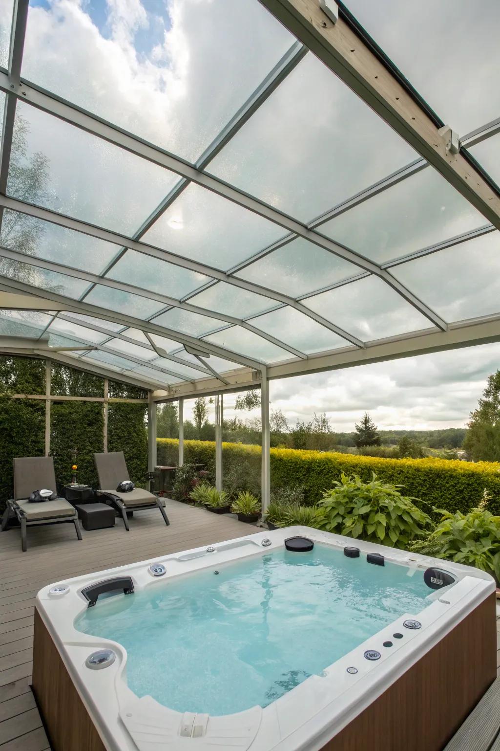 A glass roof offers a stunning view as you de-stress in your spa.
