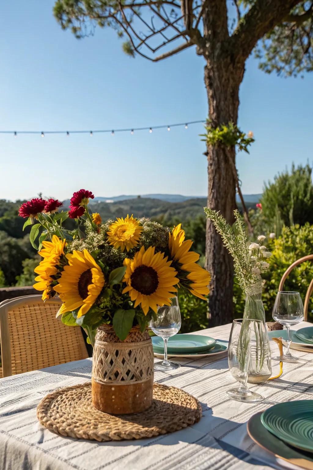 Sunflowers nestled in a rustic vessel contribute a cheerful element to any barbecue table.