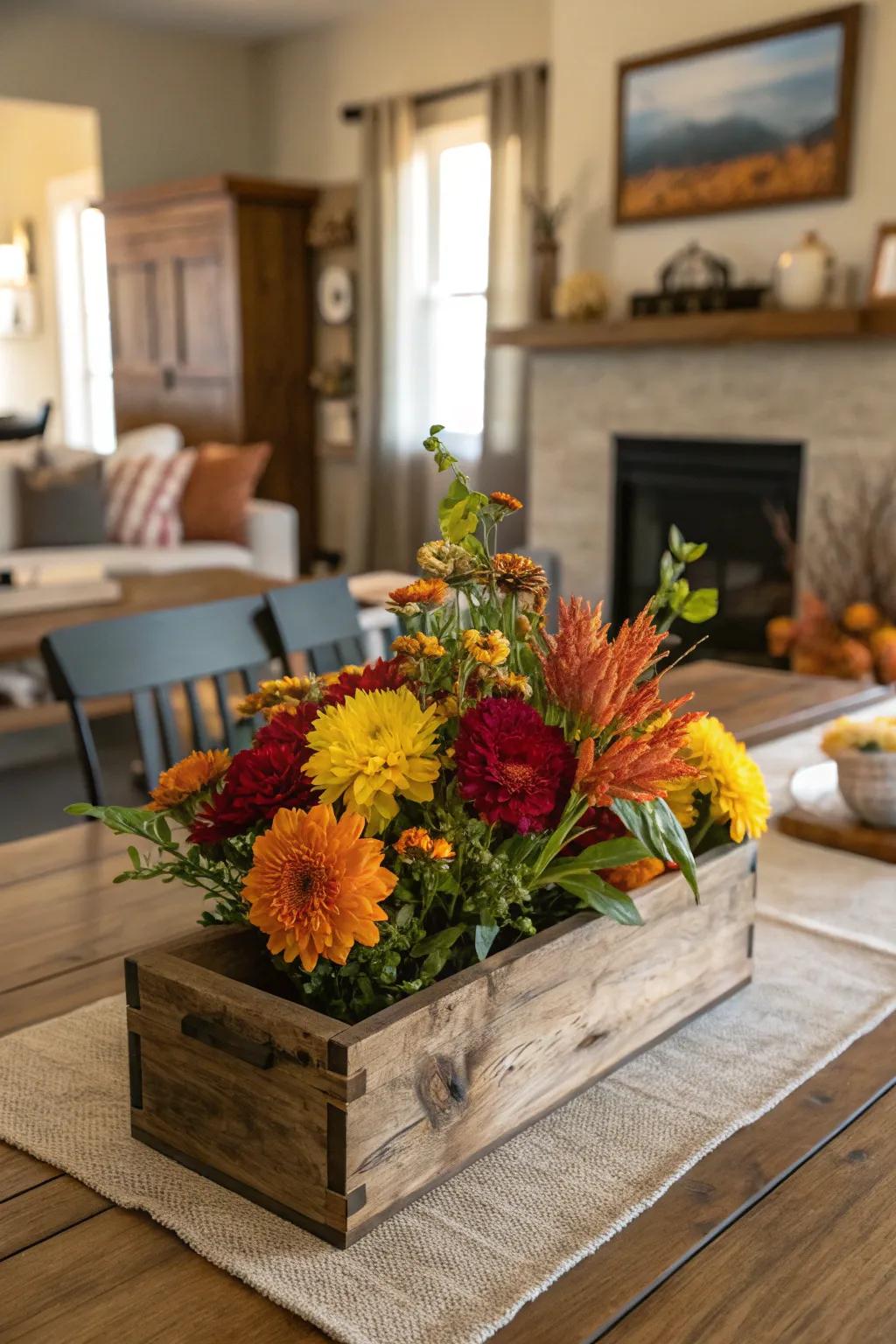 A country wooden box containing seasonal flowers, adding warmth and charm to the table.