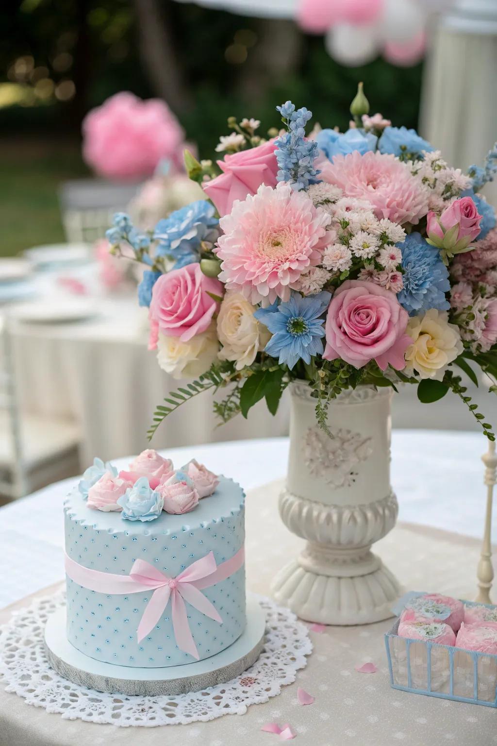 Elegant floral decorations introduce a sophisticated vibe to your gender reveal arrangement.