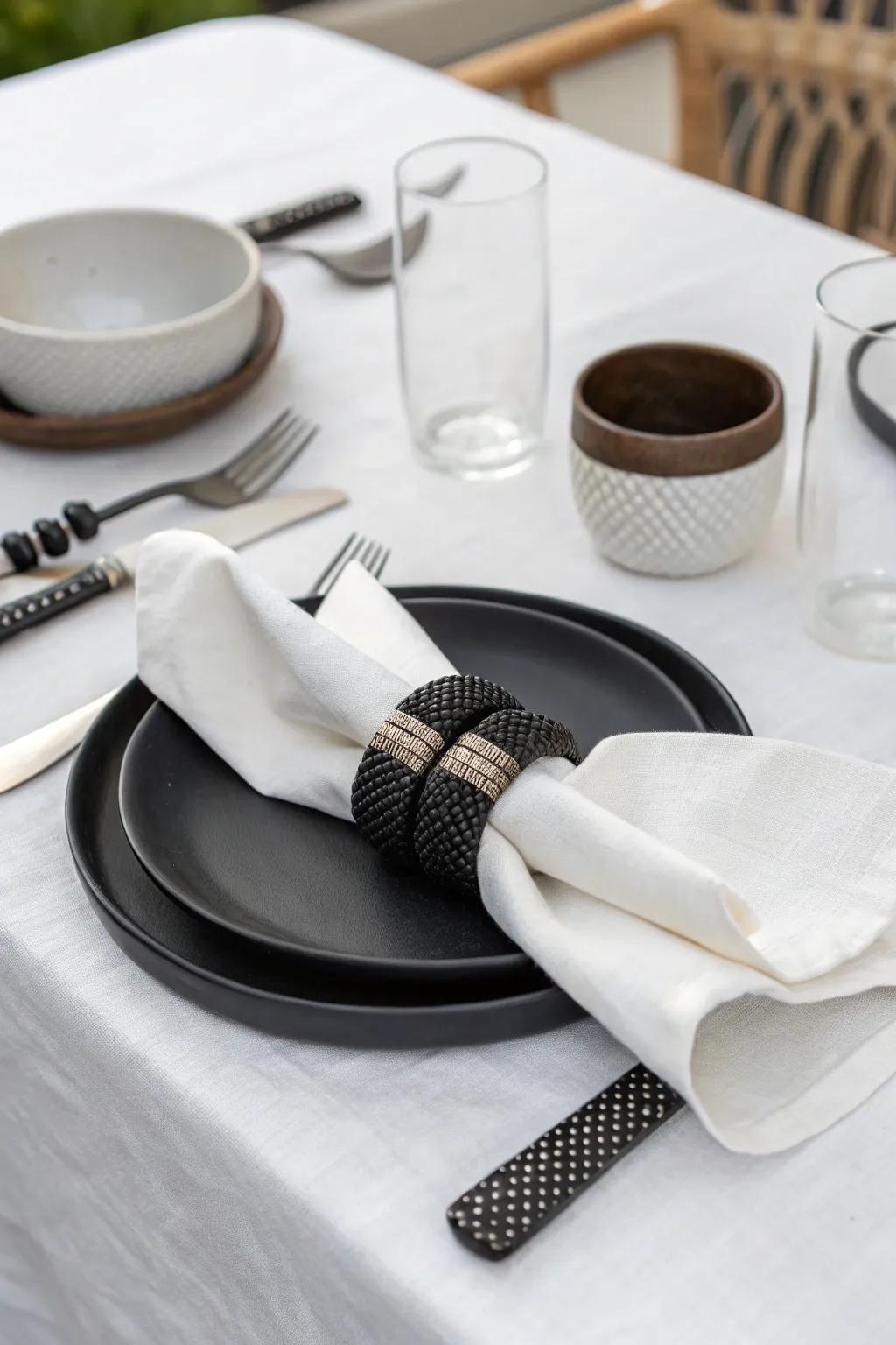 An uncluttered, current-day table display with dark-toned napkin bands.