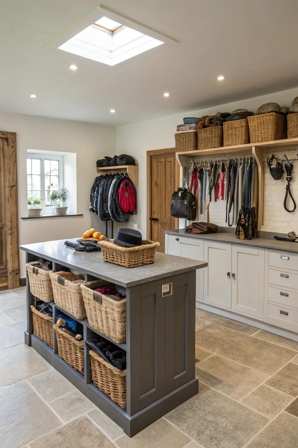 A tack room includes a central island for storage and work.