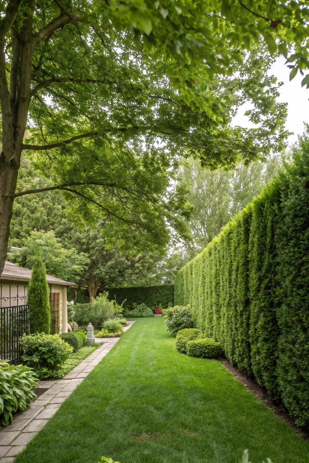 High, verdant hedges crafting a secluded natural haven in the backyard.