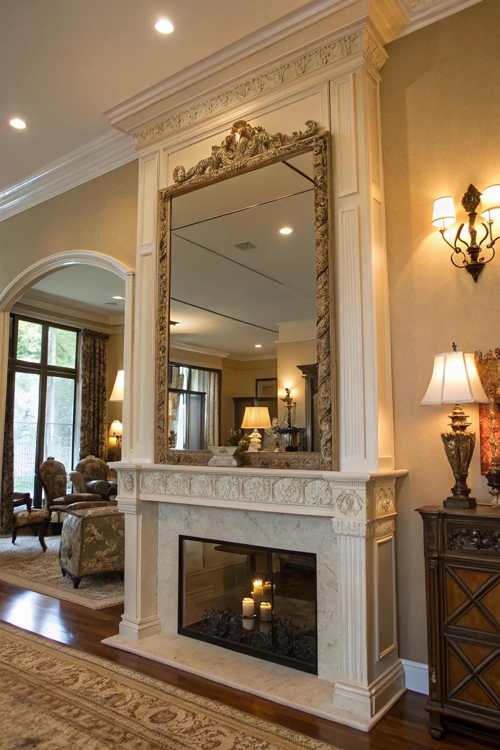 A high mantel featuring an oversized mirror that deepens the space and reflects the light.