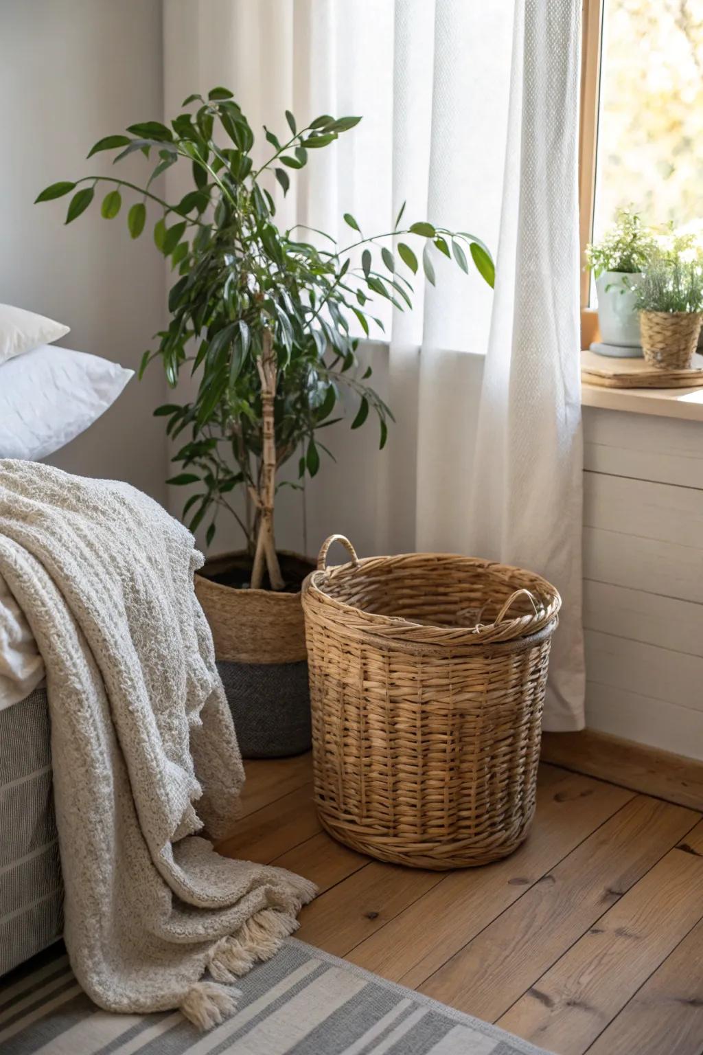 The tan theme is improved by natural aspects like woven material and greenery.
