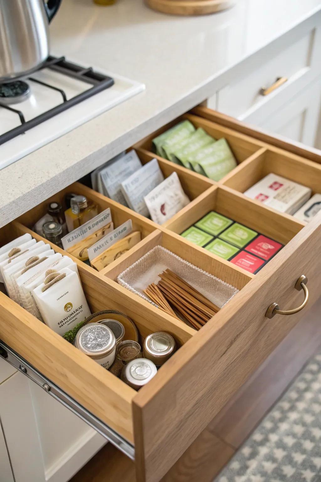 A perfectly arranged tea drawer with organizing dividers.