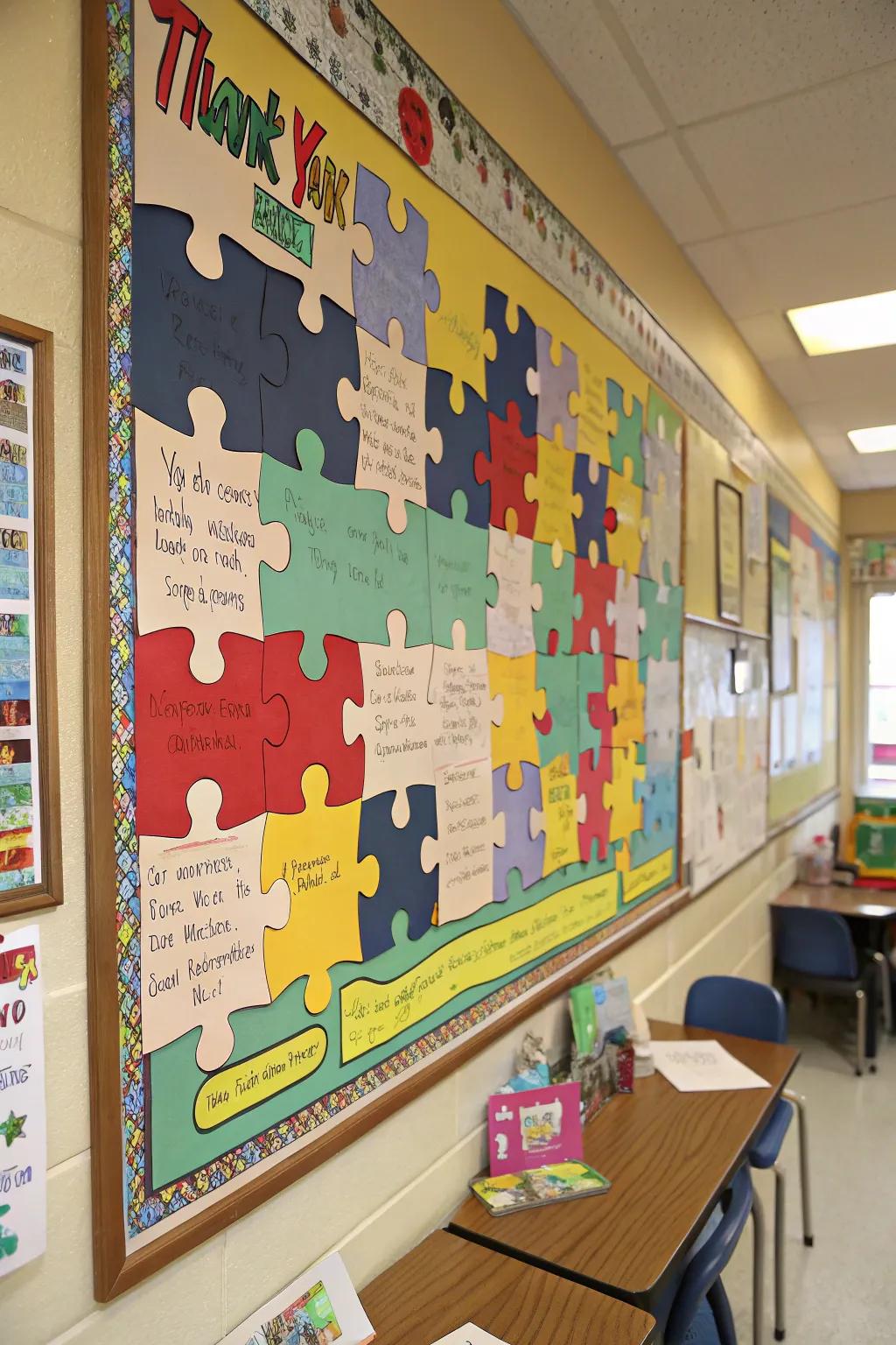 A puzzle-themed board where each piece holds a thank-you from a student.