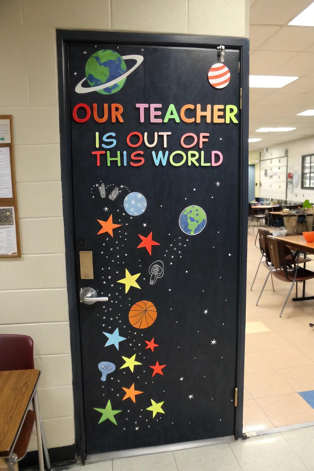 A stellar-themed door decoration celebrating teachers.