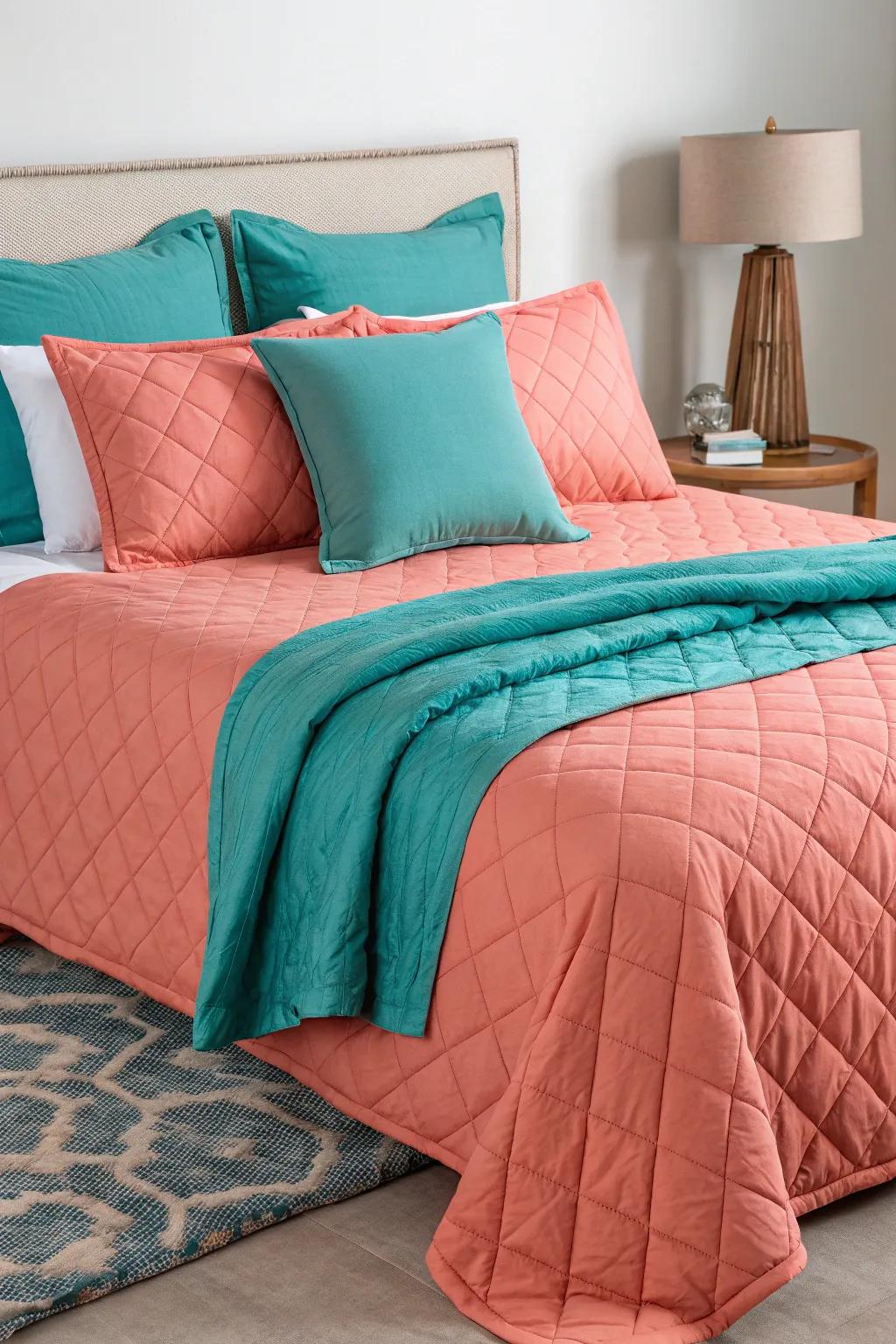 Peach bedding harmonized with aqua throws for a warm touch.