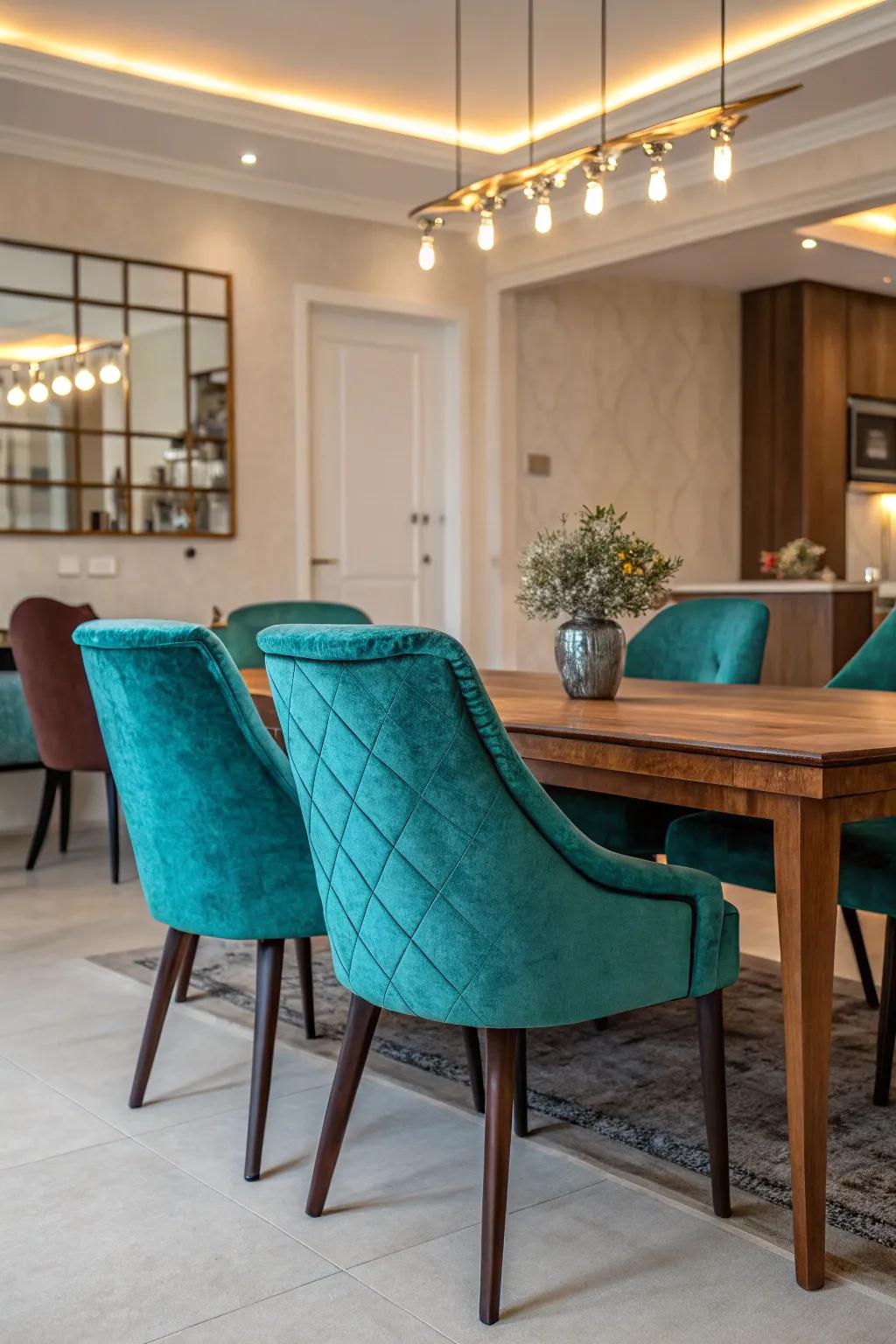 Luxurious azure velvet chairs really make the dining area better
