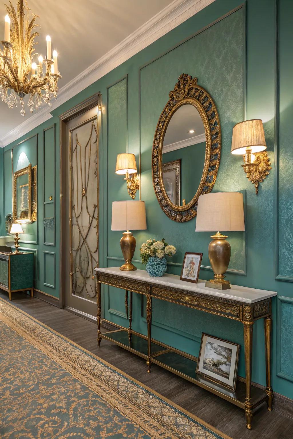 Teal walls elegantly combined with golden details for a lavish appearance.