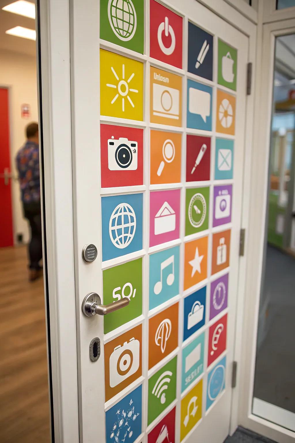 A door decorated with a grid of lively app symbol designs.