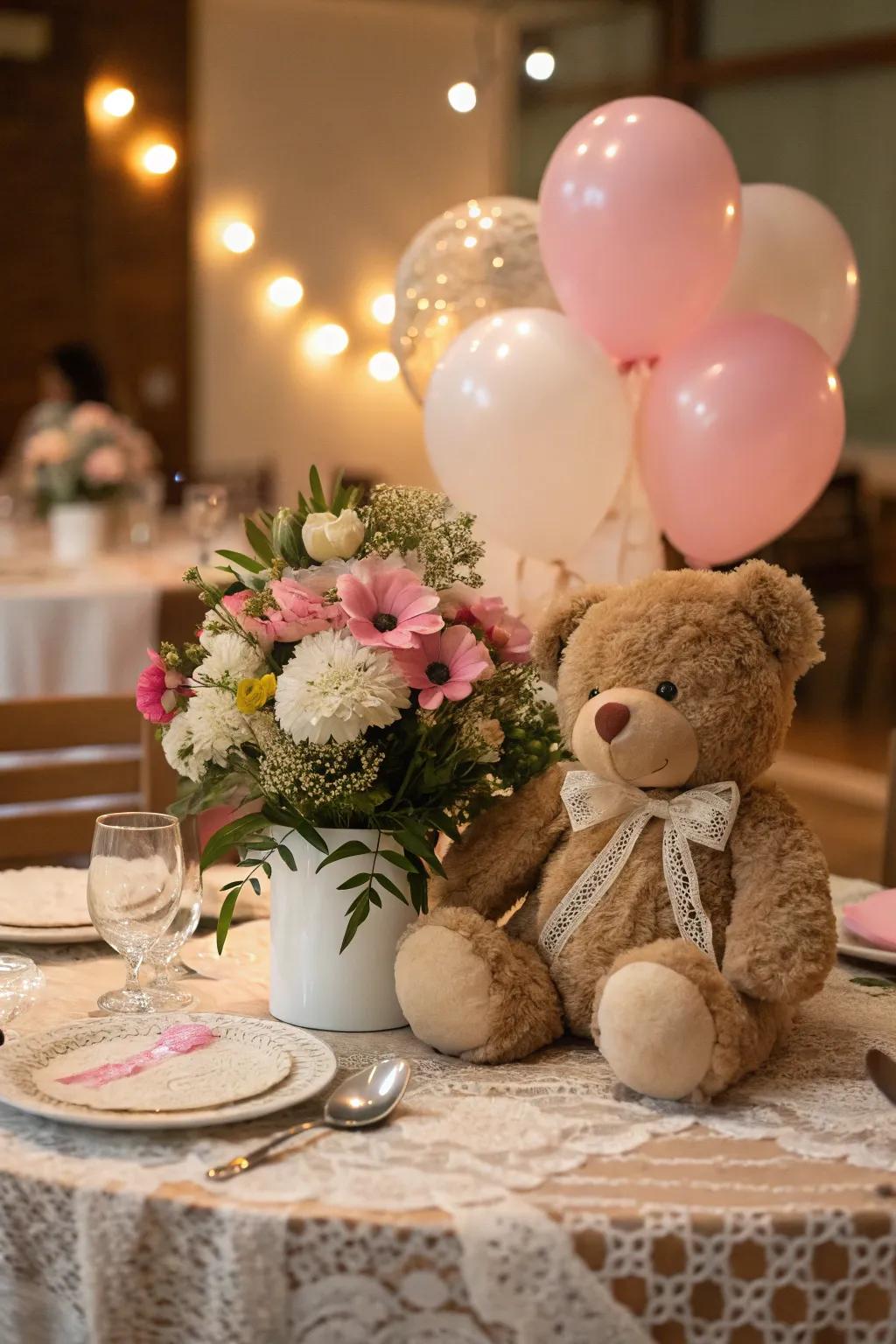 Delightful cuddly bear focal points bring a fanciful charm to the table setting.