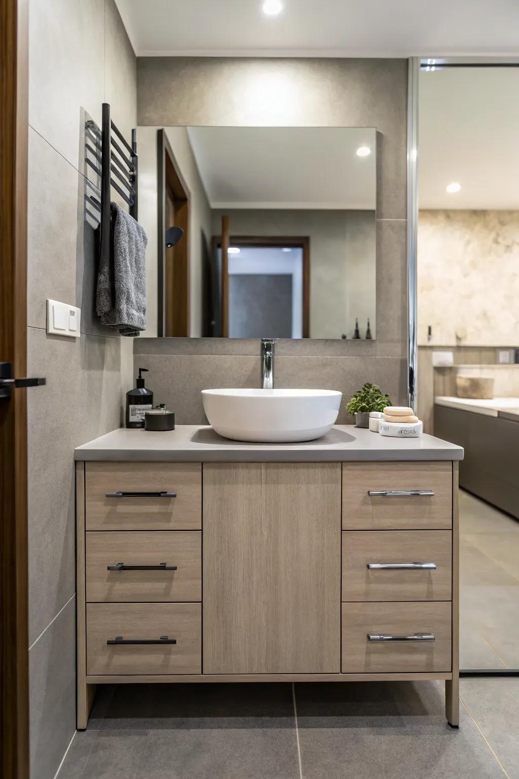 Modern pieces bring a neat and clean look to a teen boy's bathroom.