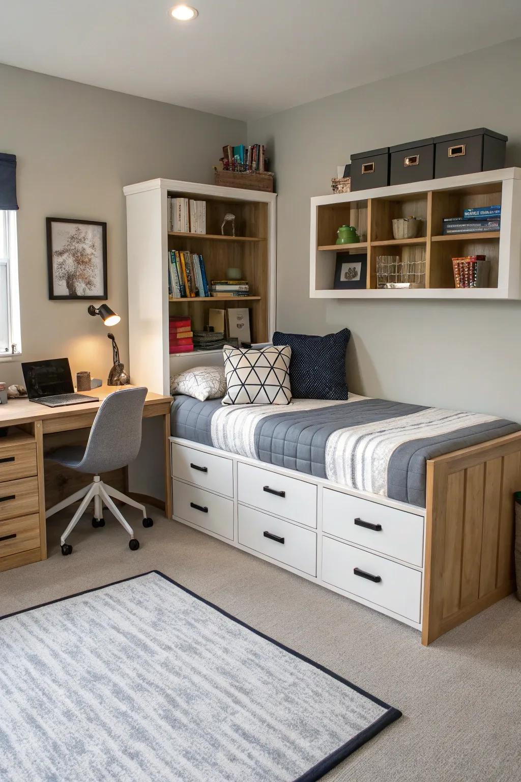A teen boy's room showcasing versatile furniture to maximize space.