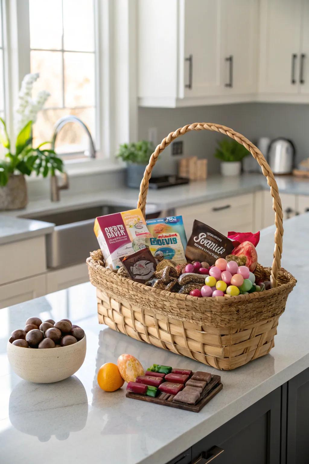 Please your teen's taste buds with a basket brimming with gourmet snacks.