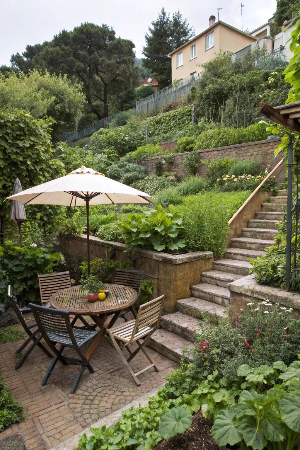 An appealing outdoor dining layout on a terraced garden, complete with shade and lush surroundings.