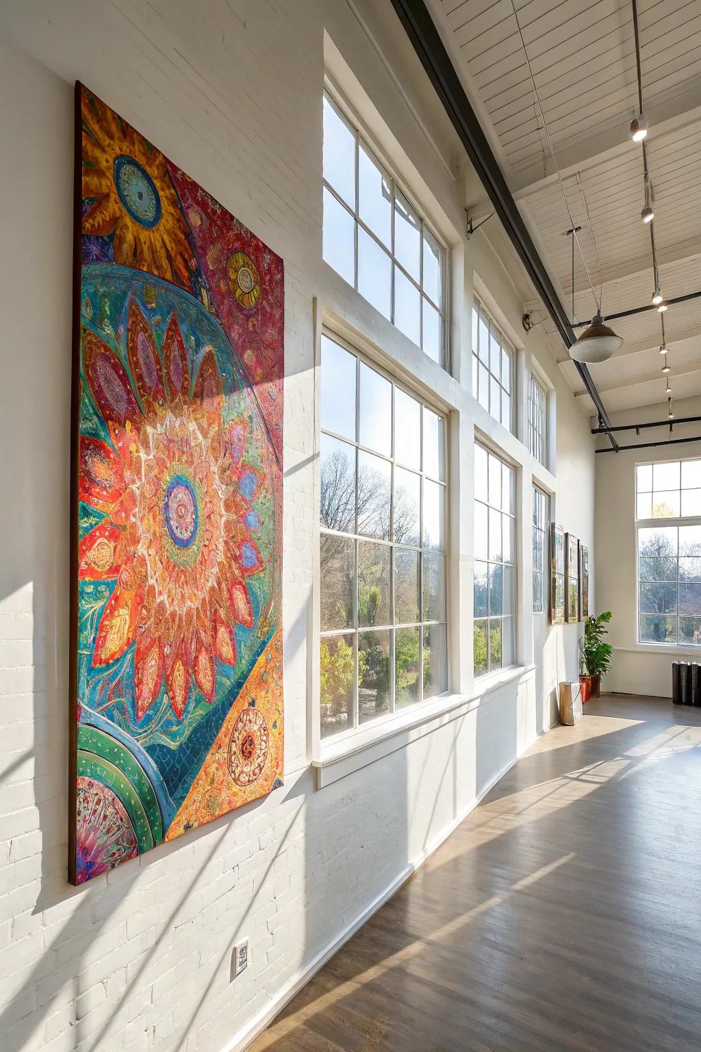 A textured abstract painting explodes with color and creativity, an awesome fit for a lively studio space.