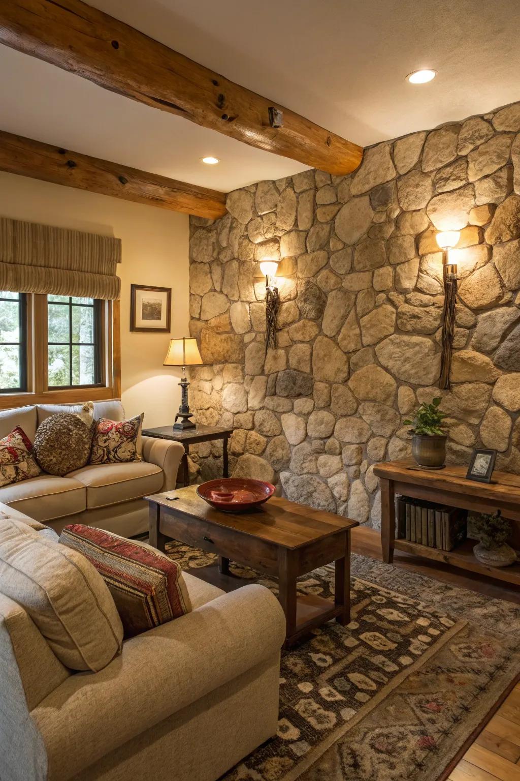 A living room showcased with a charming stone-like textured wall.