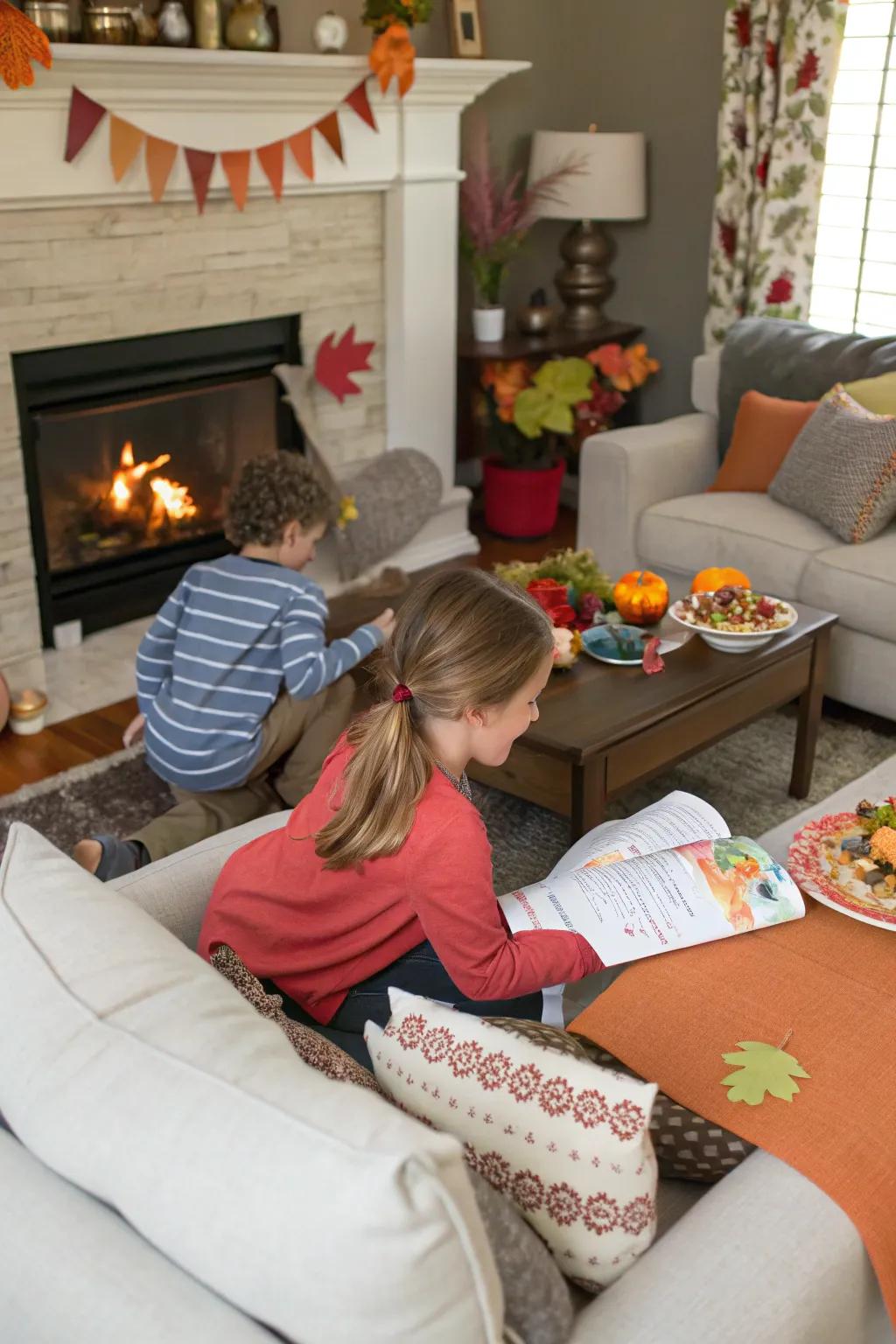 Children eagerly searching for hidden decorative poultry cutouts during Thanksgiving.