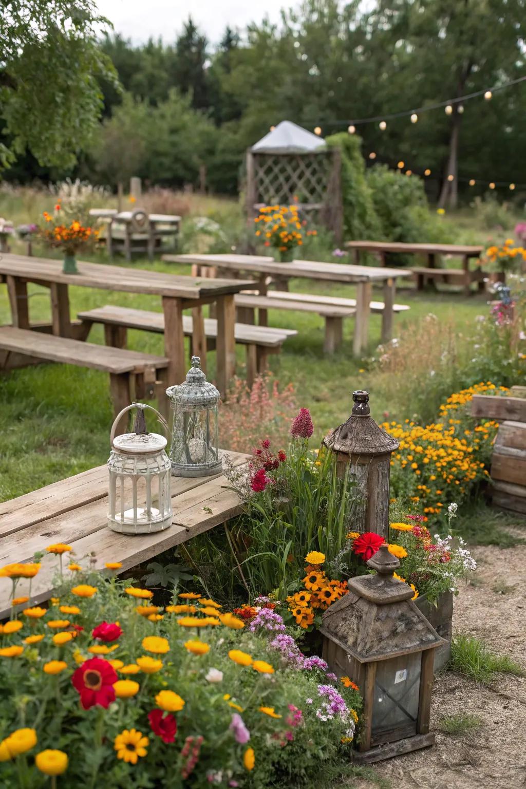 A rustic garden that combines wooden elements with colorful flowers.