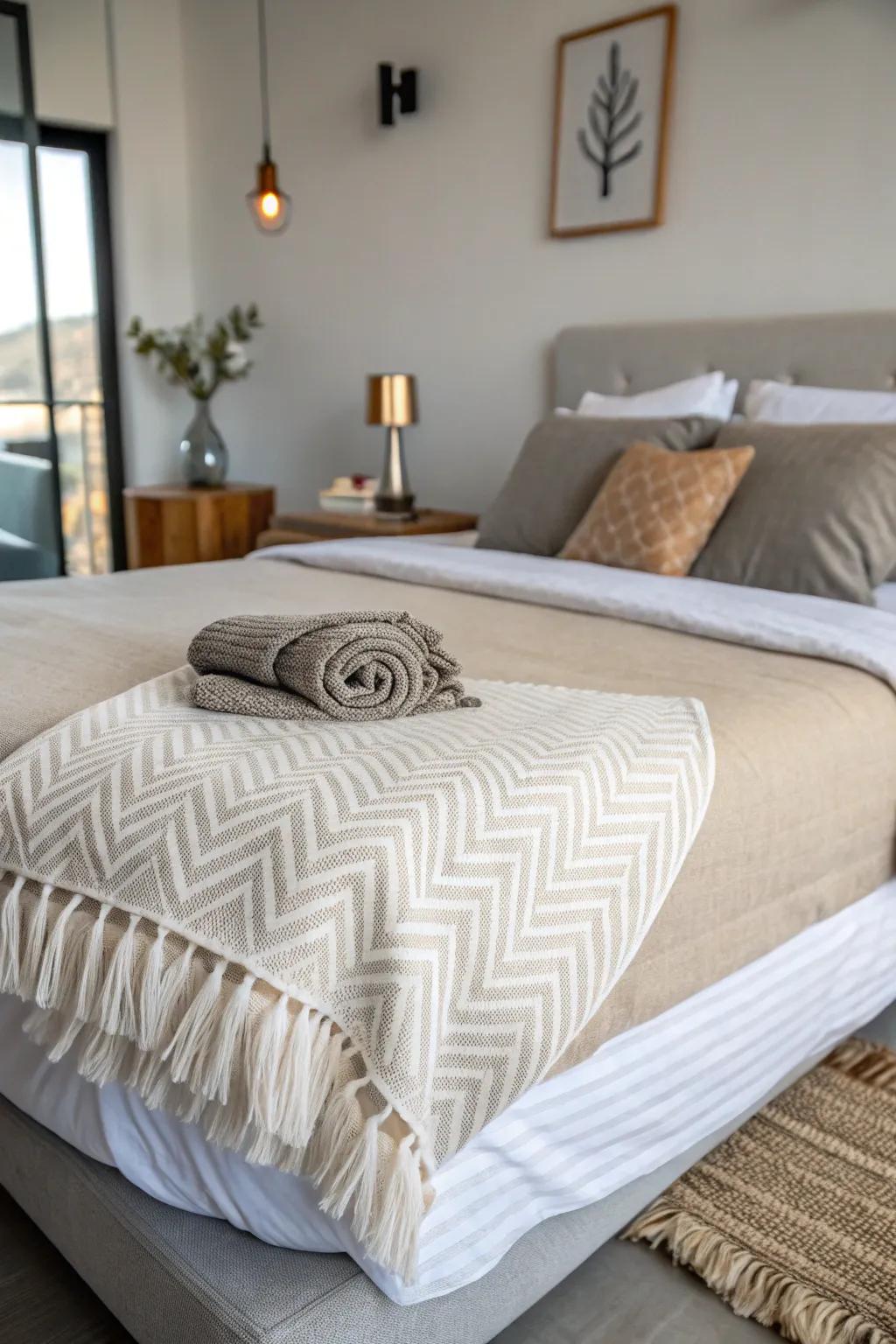 Diagonal draping introduces a stylish element to the bedroom decor.