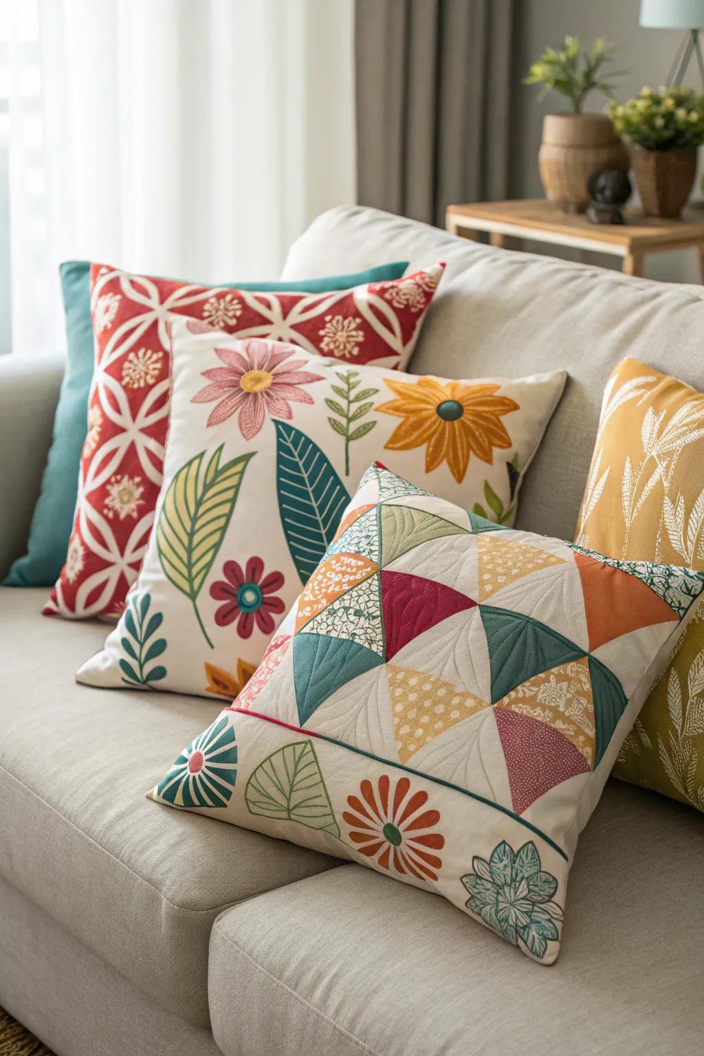 An exciting blend of patterns including geometric and floral designs displayed on a comfortable couch.