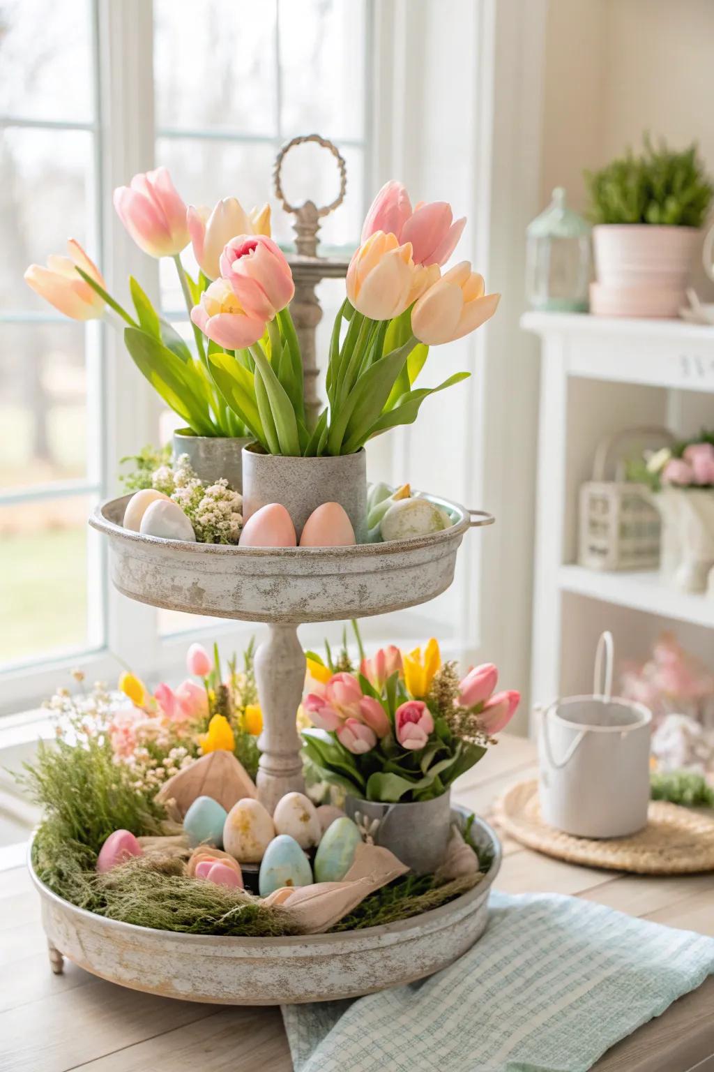 A spring-inspired tiered tray overflowing with vibrant faux tulips.