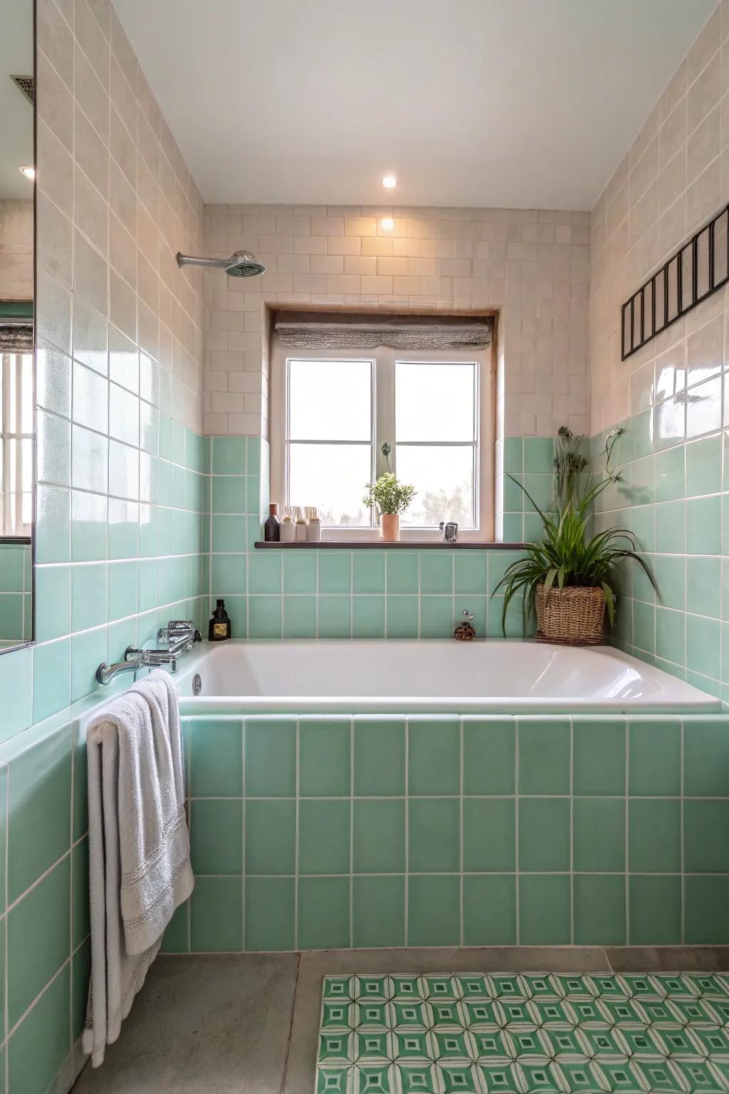 Pastel tiles lend a gentle, comforting touch to your bathing area.