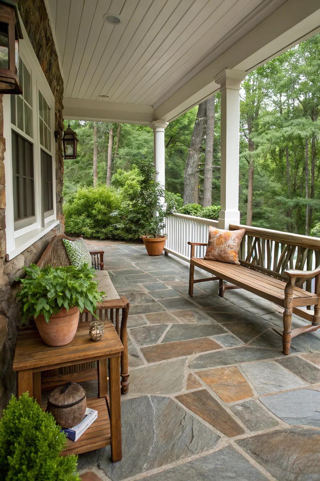 Raw rock coverings fashion an inviting and rustic ambiance on this porch.