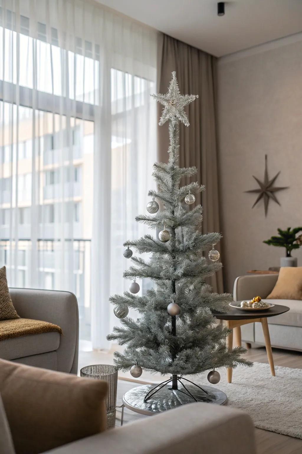 A contemporary living area highlights a minimalist Christmas tree adorned with silvery strands.