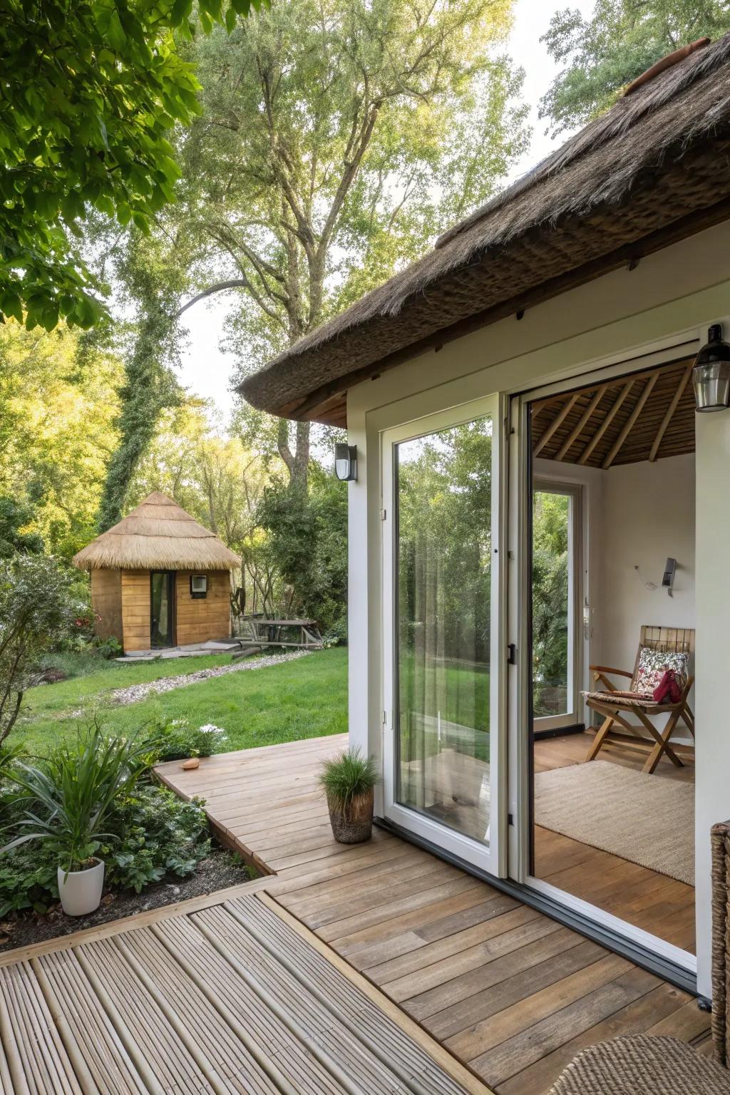 Glass panel doors create a seamless link with the outdoor setting.