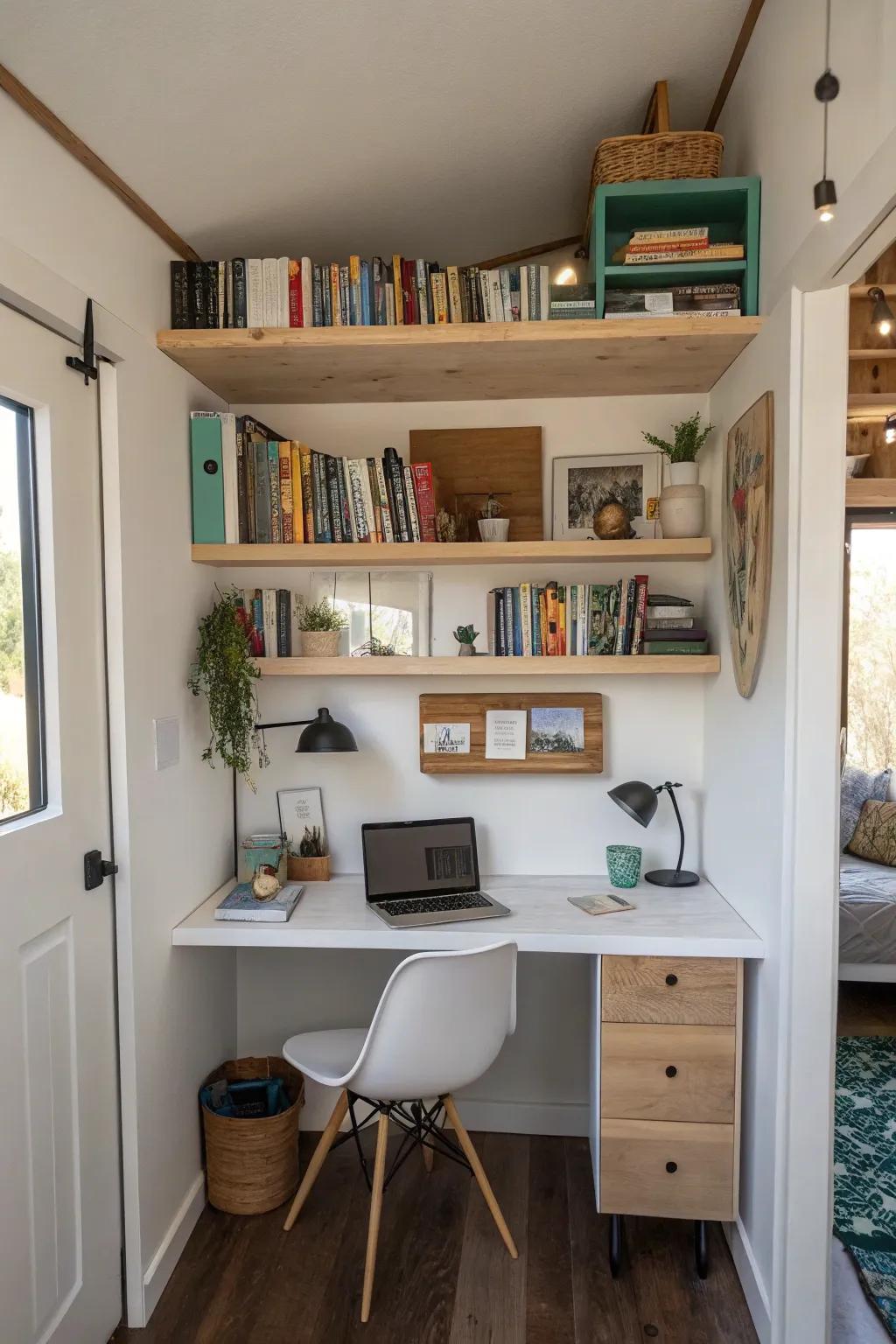 Integrated shelving helps keep the workspace neat and organized.