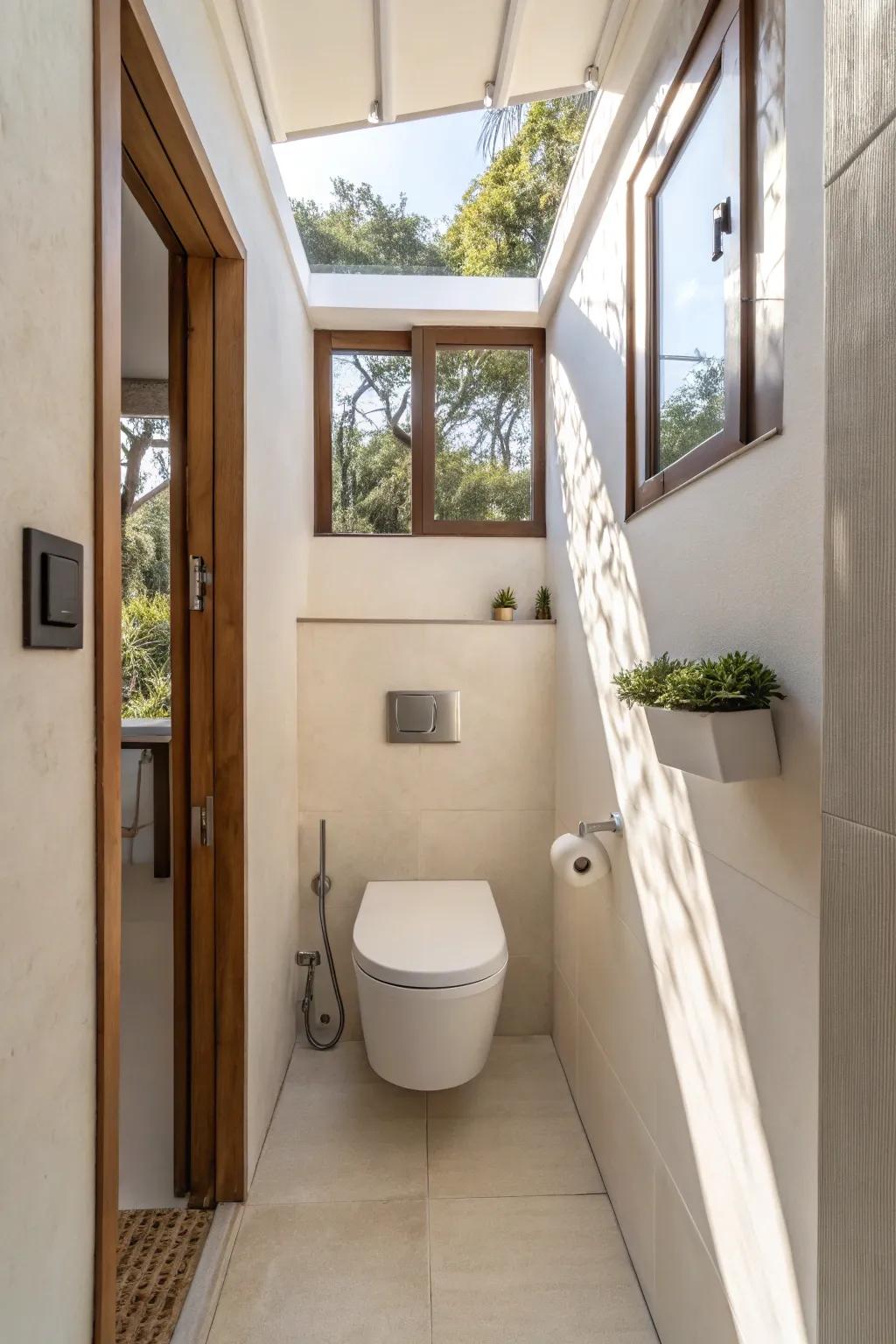 A wall-hung toilet makes a small bathroom feel bigger.