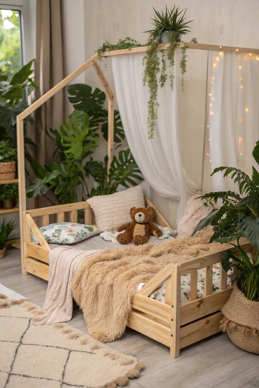 A wood bed evoking the serenity of nature.