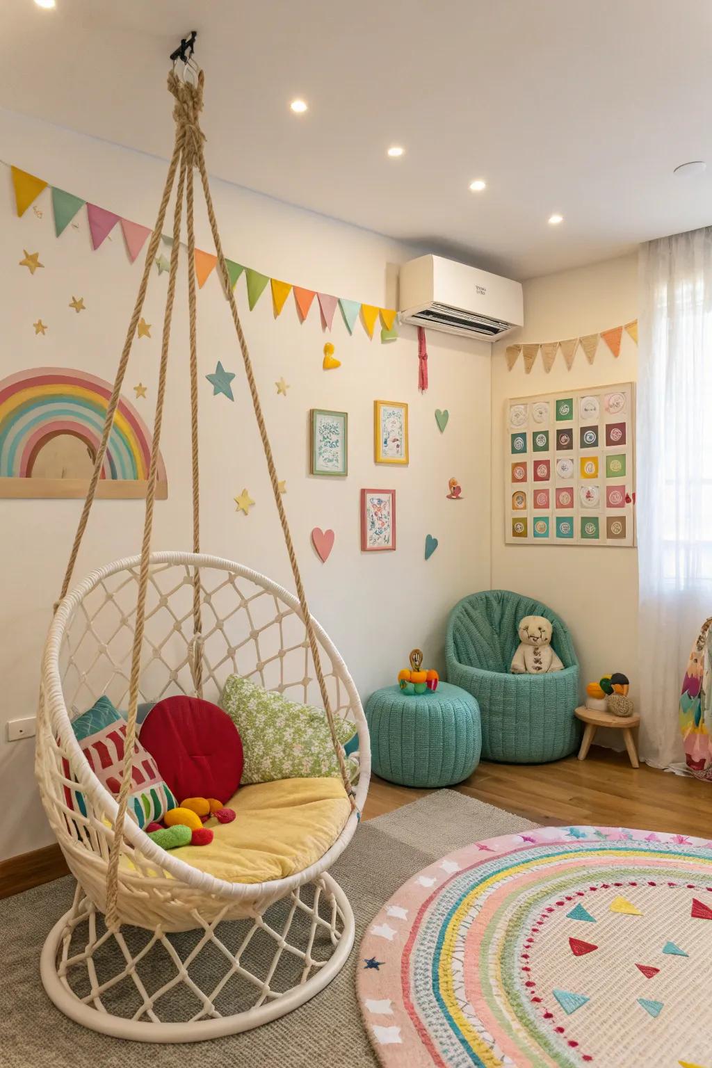 A suspended swing introduces movement and merriment to the playroom.