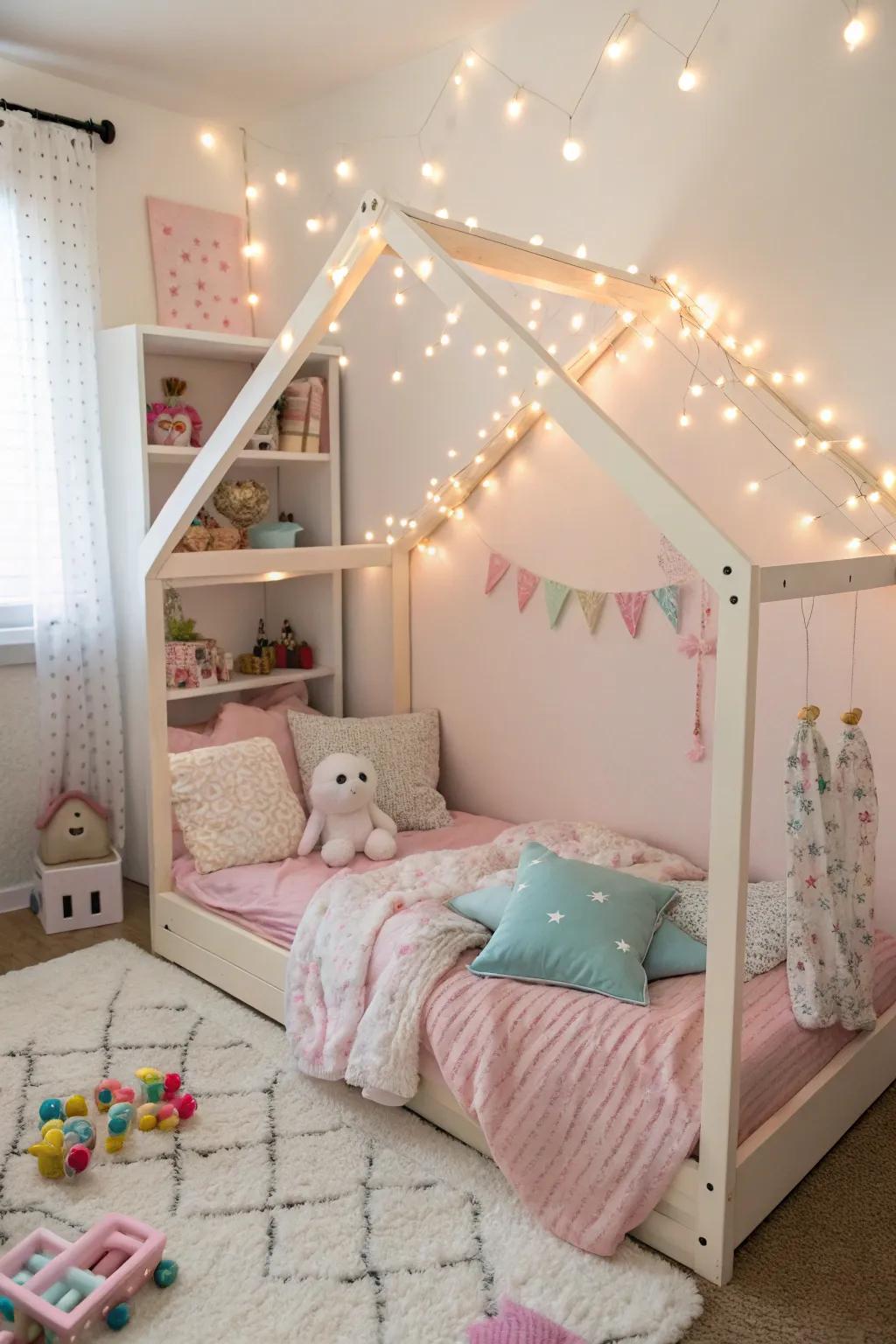 A cute bed designed as a house adds a touch of playful charm and coziness.