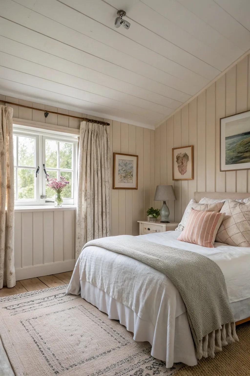 A serene bedroom featuring soft, neutrally painted shiplap walls for a peaceful ambiance.