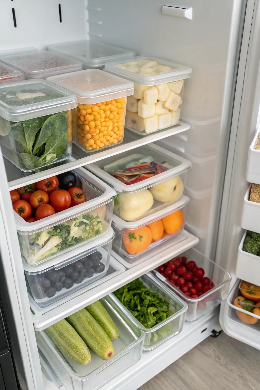 Vertical arrangement of food items using see-through dividers in a top freezer, maximizing space and view.