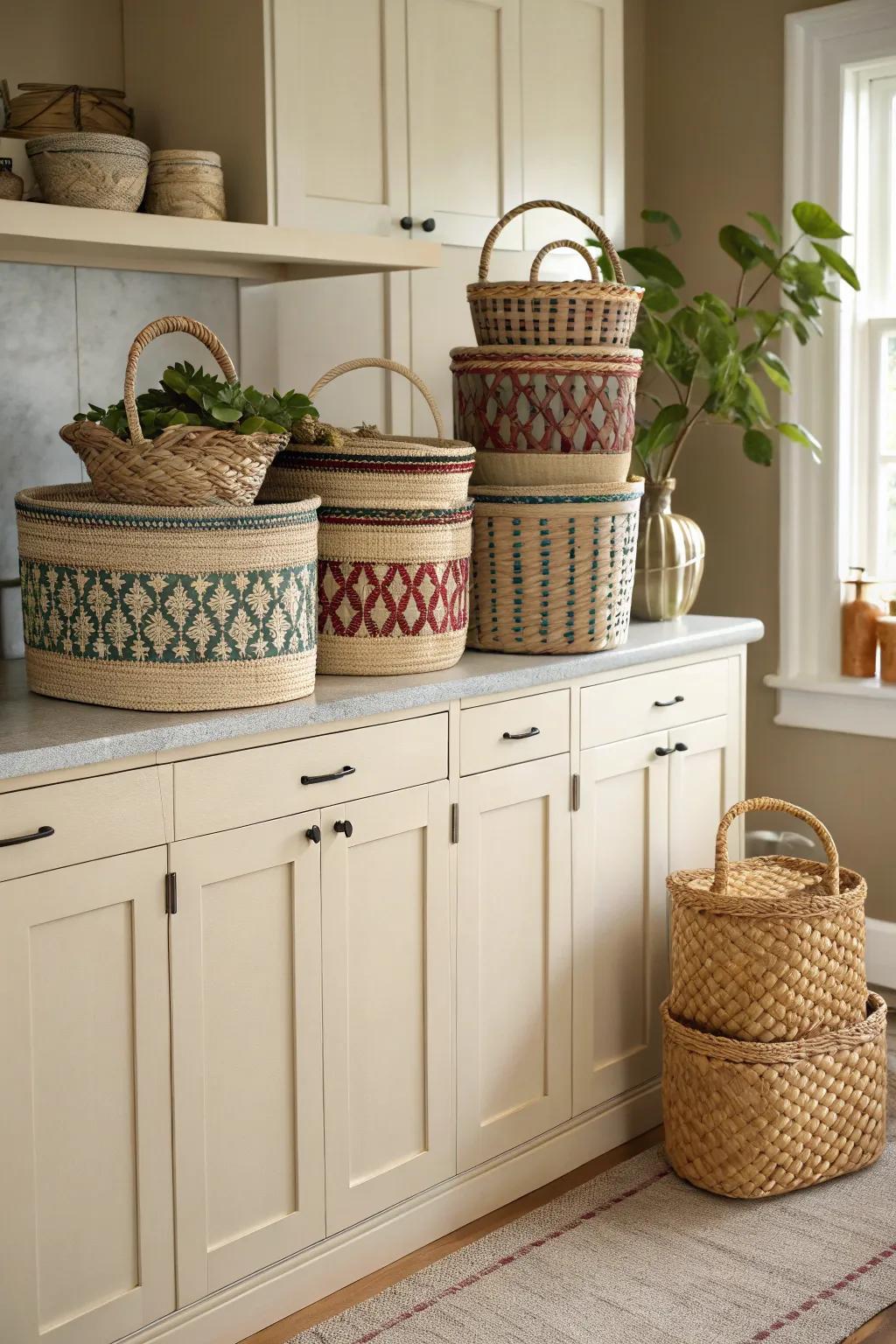Woven baskets impart texture and a sense of warmth to your kitchen's décor.