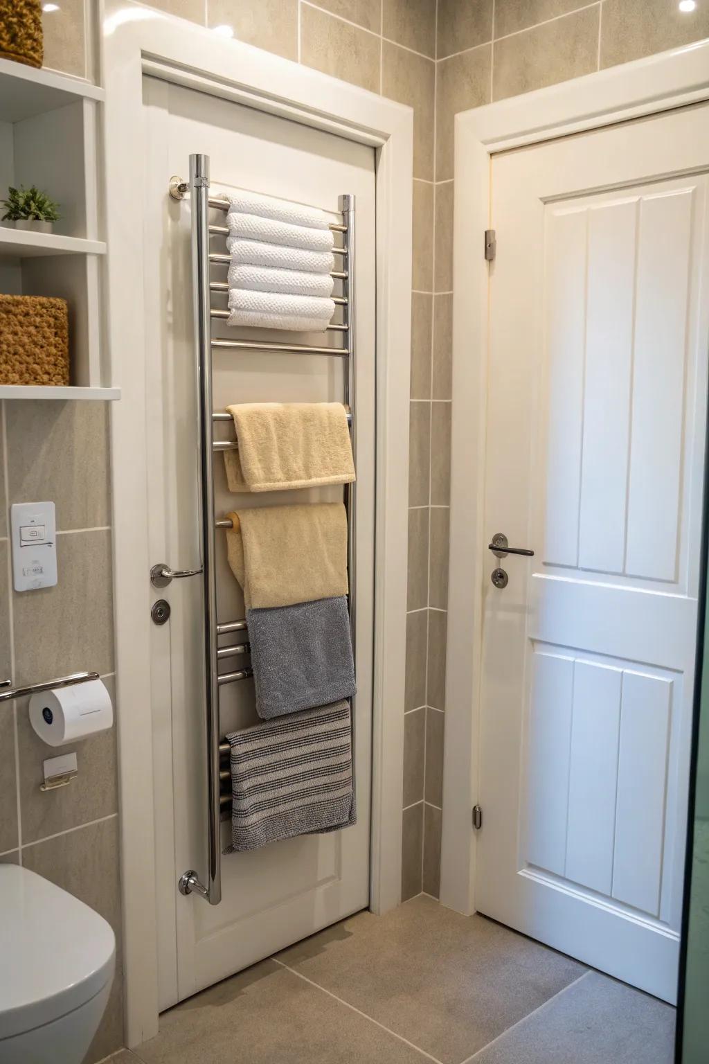 Utilize your bathroom door to its fullest potential with a door-hanging towel shelf.