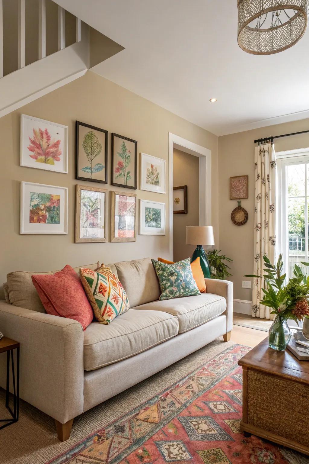 Neutral living room enhanced with colorful highlights