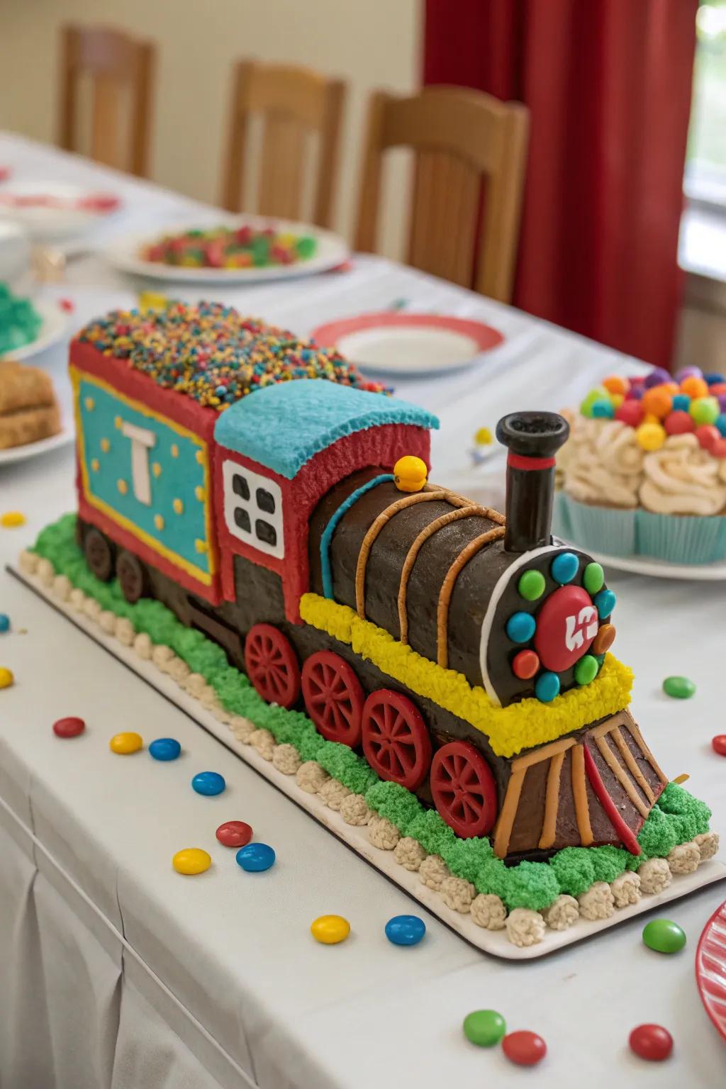 A charming train-shaped cake captures everyone’s attention.