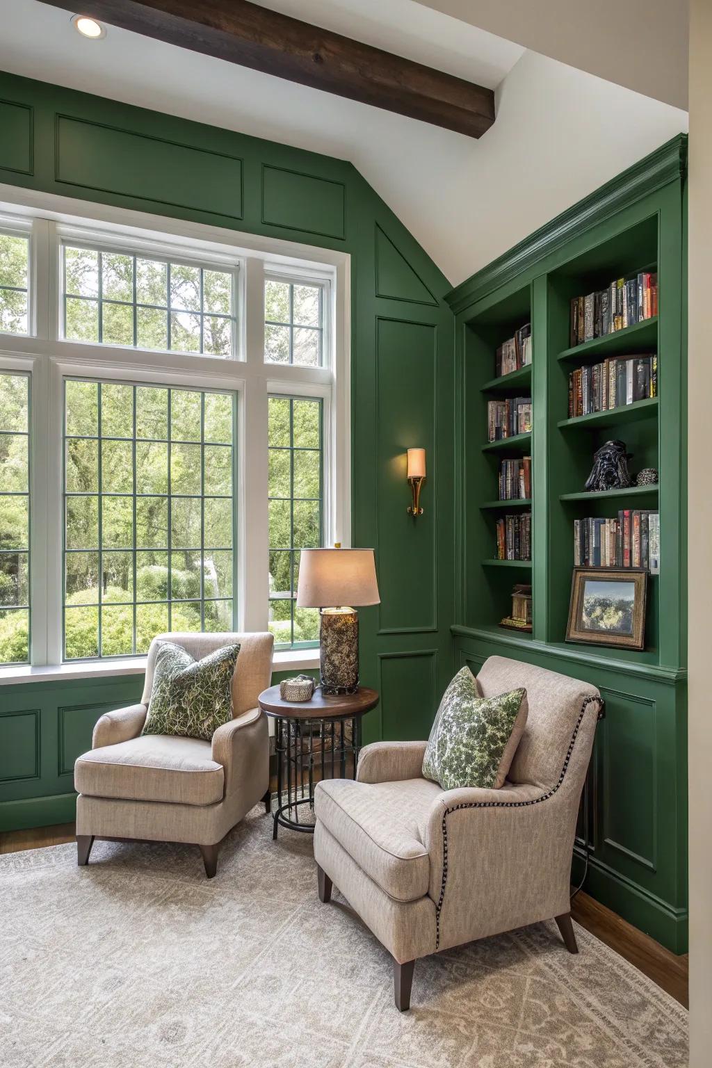 A striking forest-toned feature wall accentuates a cozy reading alcove.