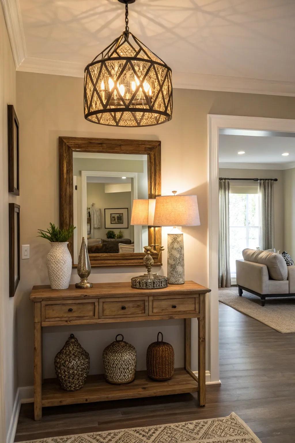 Pendant lighting bestows a dash of grace and a comforting glow upon your entryway.