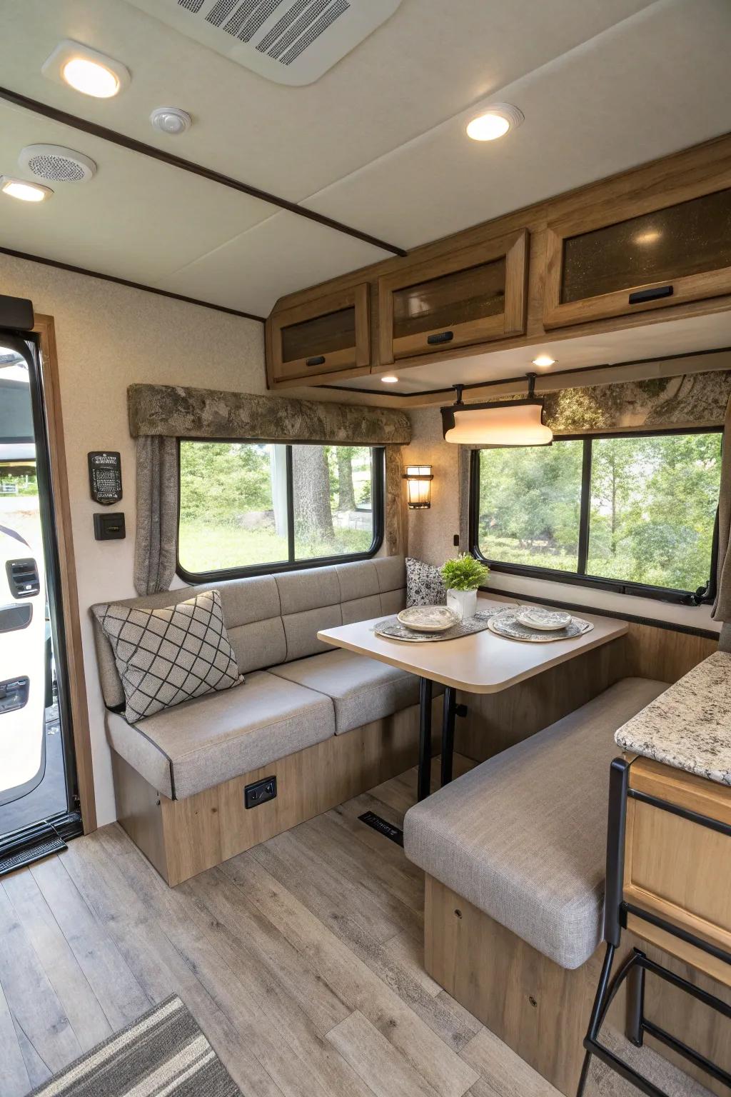 This travel trailer features a sofa that converts and a dining area that does multiple jobs, improving the space and how you use it.