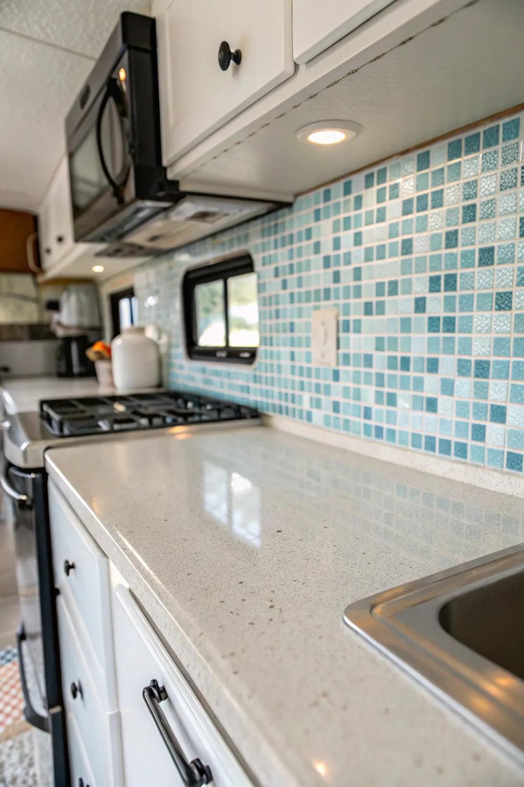 Stick-on tiles provide a straightforward and versatile option for your RV kitchen.