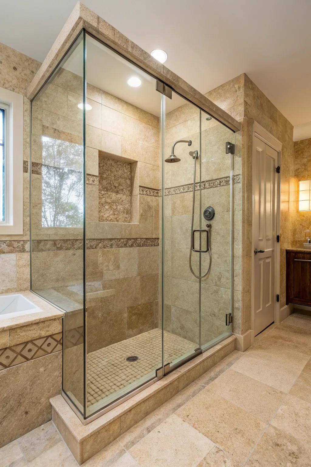 A spa-inspired open shower featuring travertine walls and a pristine glass surround.