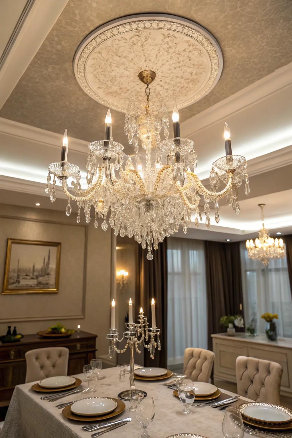 A dining area where a grand chandelier elevates the tray ceiling with elegance.