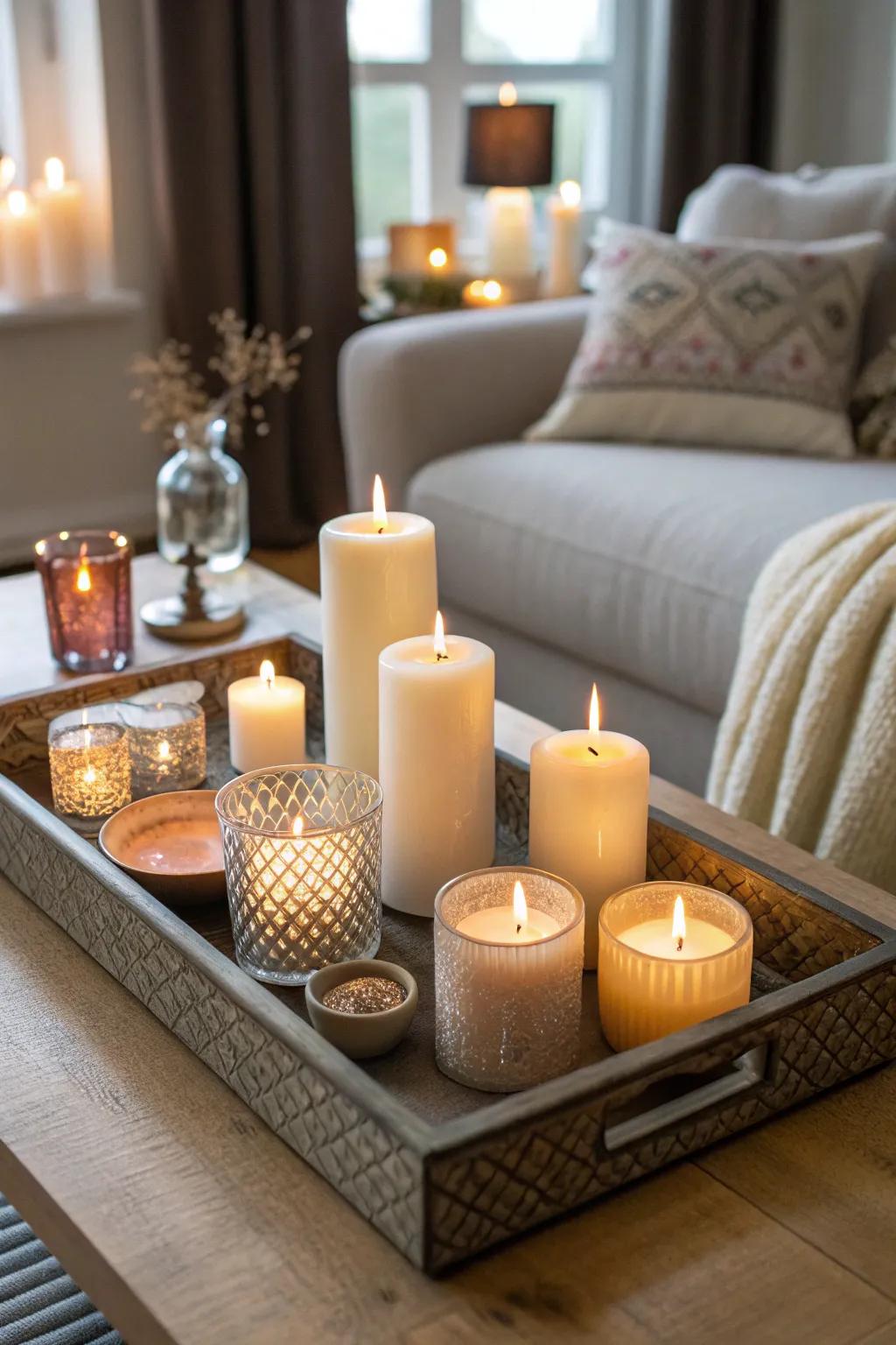 Set a relaxing mood with a collection of candles.